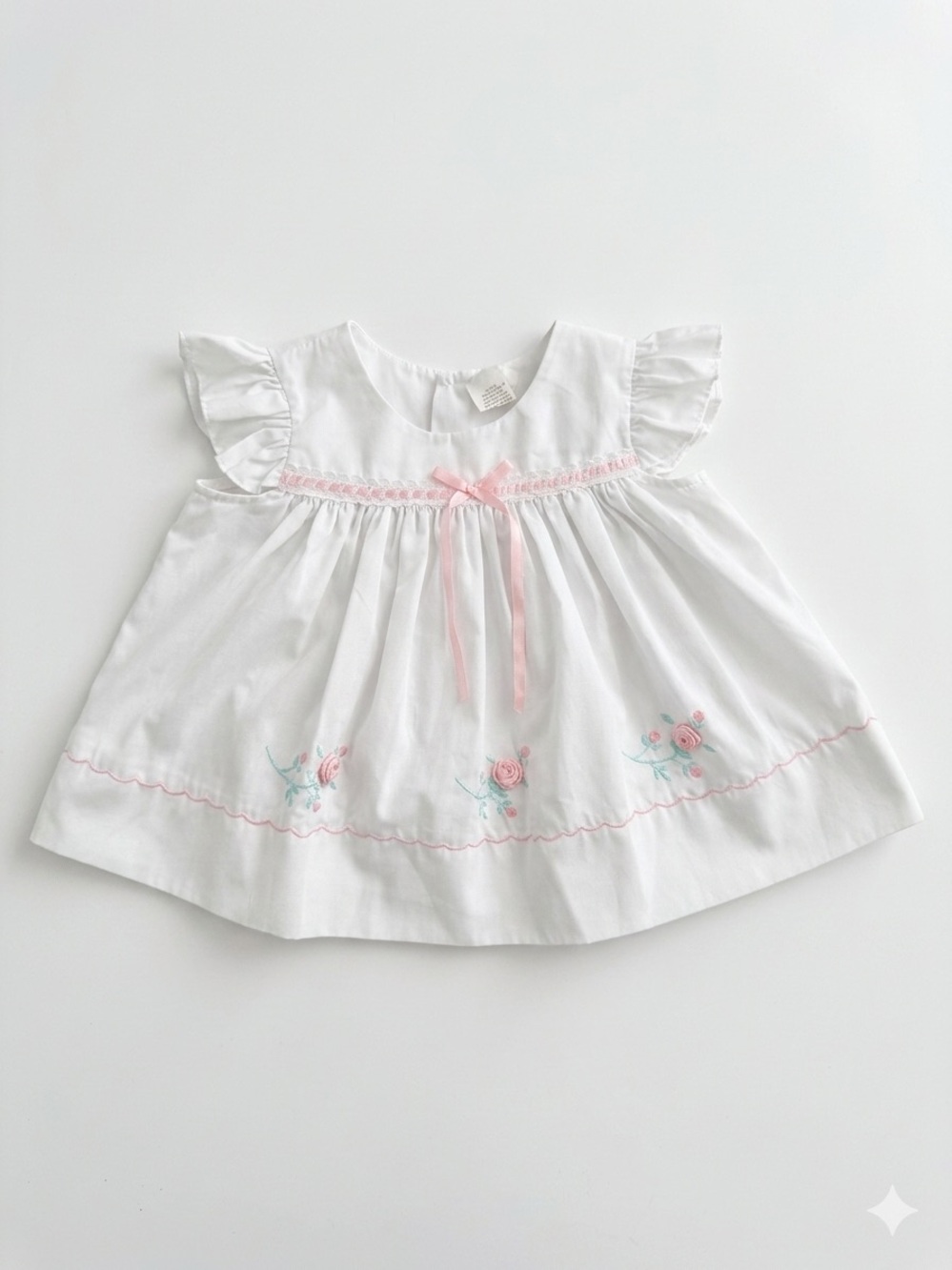 White Baby Dress with Pink Ribbon & Floral Embroidery